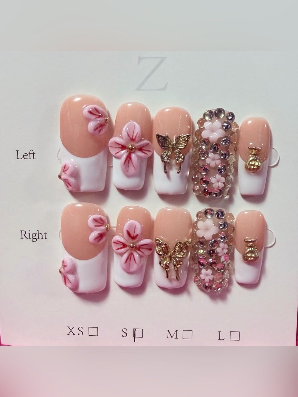 Elegant Pink Floral 3D Press-On Nails with Gold Accents